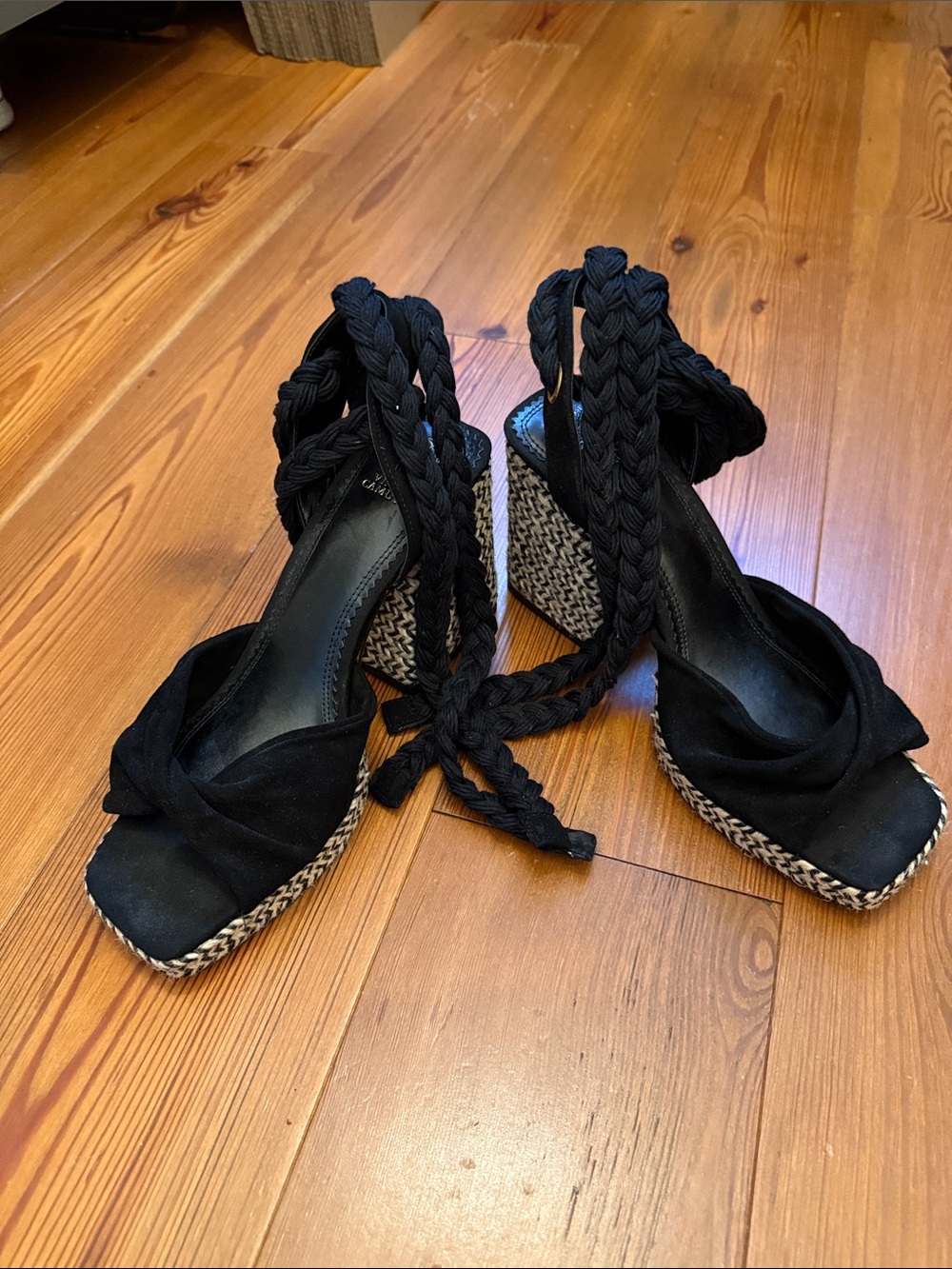 Black Braided Block Heel Sandals with Wrap Tie